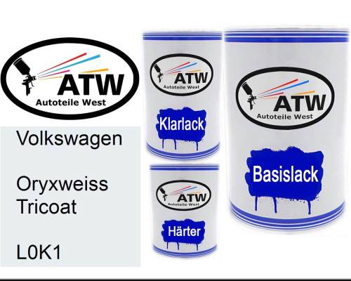 Volkswagen, Oryxweiss Tricoat, L0K1: 500ml Lackdose + 500ml Klarlack + 250ml Härter - Set, von ATW Autoteile West.